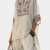 Ensemble Méditerranéen Daisy en lin de bambou avec chic rayures rouges et vertes