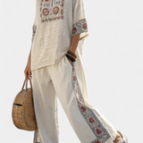 Ensemble Méditerranéen Daisy en lin de bambou avec chic rayures rouges et vertes