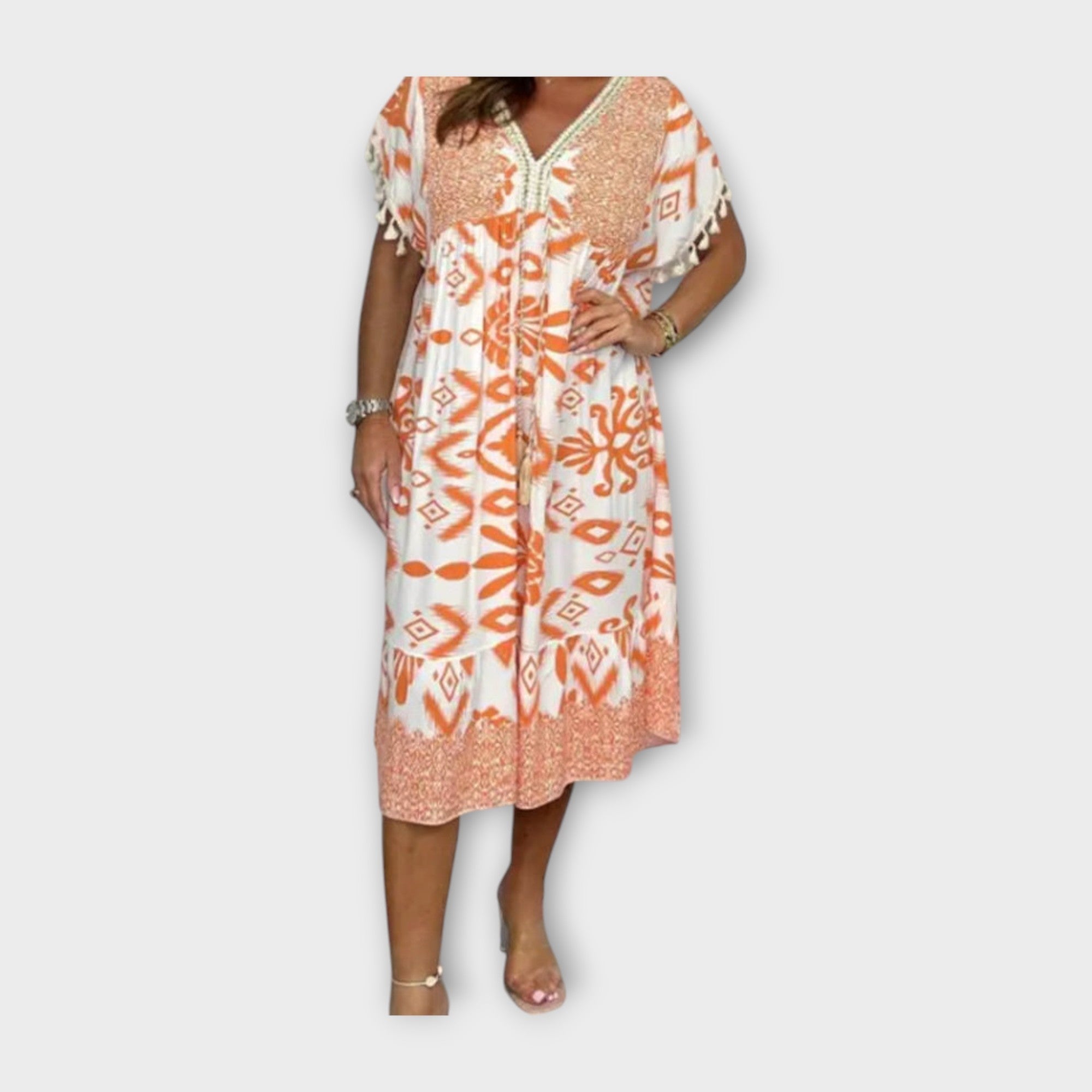 Kaftan Longueur Mi-Mollet avec Motifs et Cordon